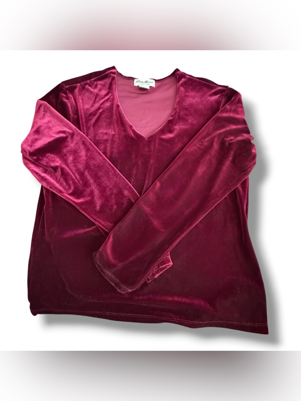 Eddie Bauer Wine Red Velvet V-Neck Top L Stretch Velour Y2K